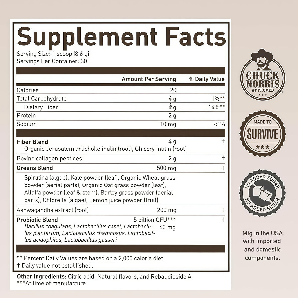 ROUNDHOUSE PROVISION Morning Kick Greens, Strawberry Lemonade, 30 Servings Greens Superfood Powder for Gut Health, Sugar Free, Caffeine Free, Ashwagandha, Collagen Peptides, Probiotics, Chuck Norris
